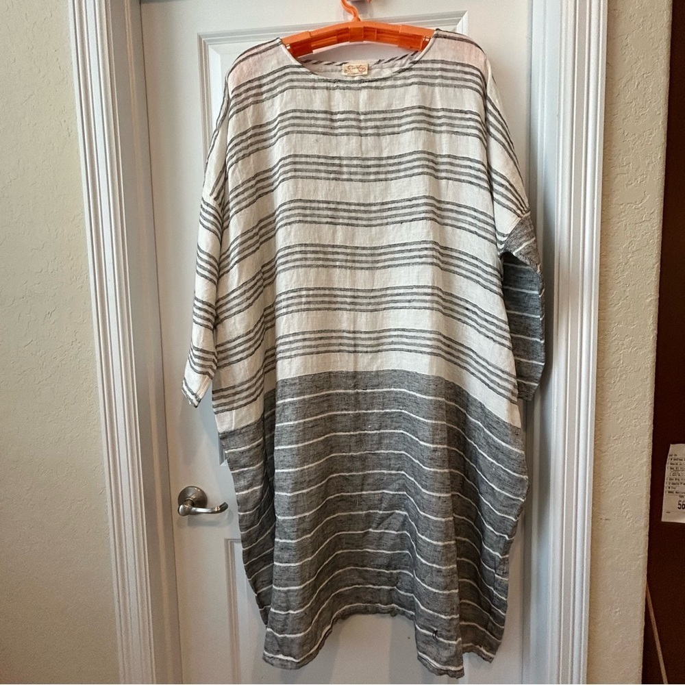 NWT Paper Lace Grey Off White Striped Cover Up Sz OS Lined Lagenlook Pockets